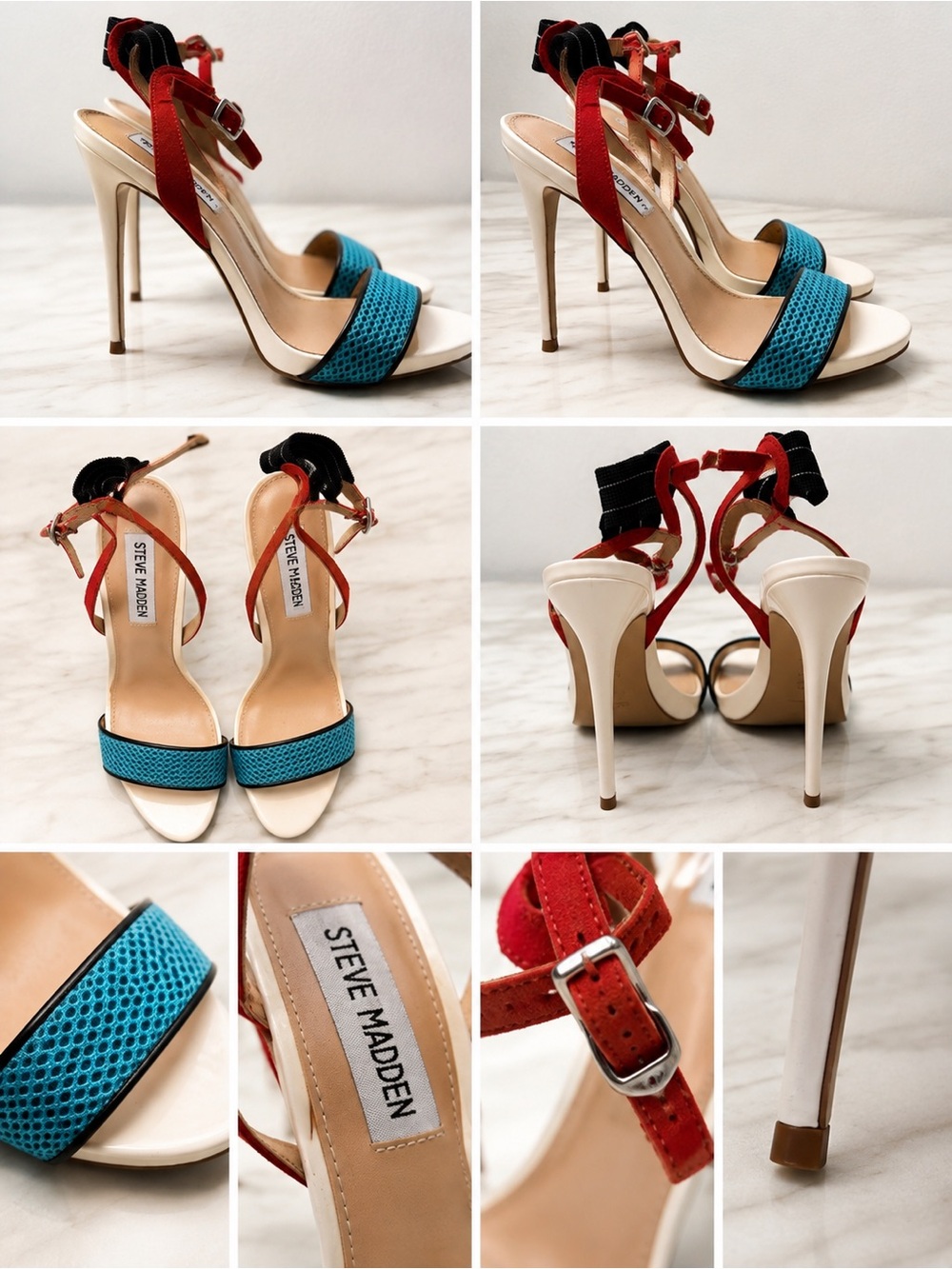Steve Madden Colorblock Stiletto Sandals Heels Red Blue White Size 8.5
